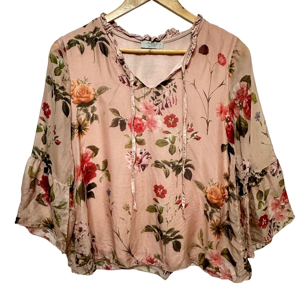 Angela Moda Floral Silk Layered‎ Blouse Womens Small Bell Sleeve Made in Italy